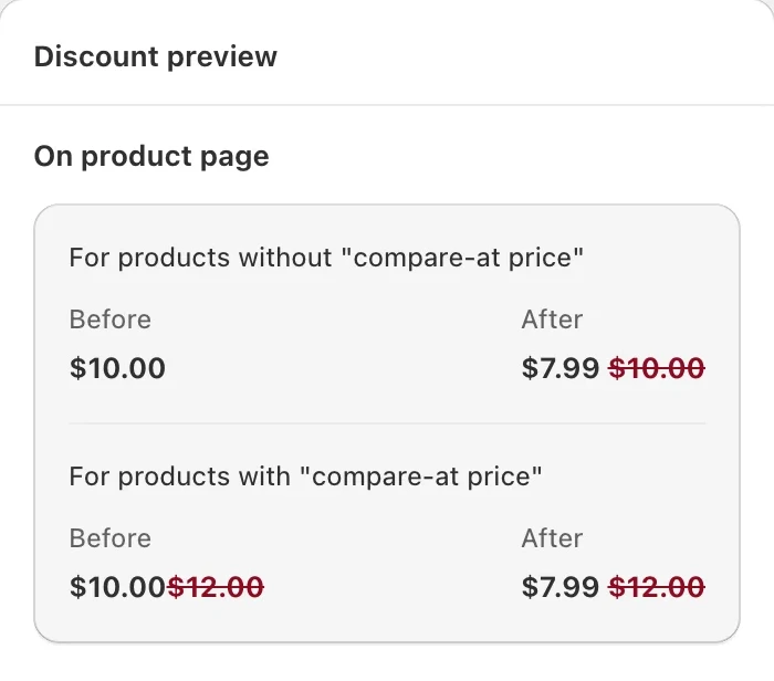 Discounty discount preview on the product page: $10.00 becomes $7.99 with $10.00 crossed out, and with a compare-at price the $12.00 stays crossed out next to $7.99