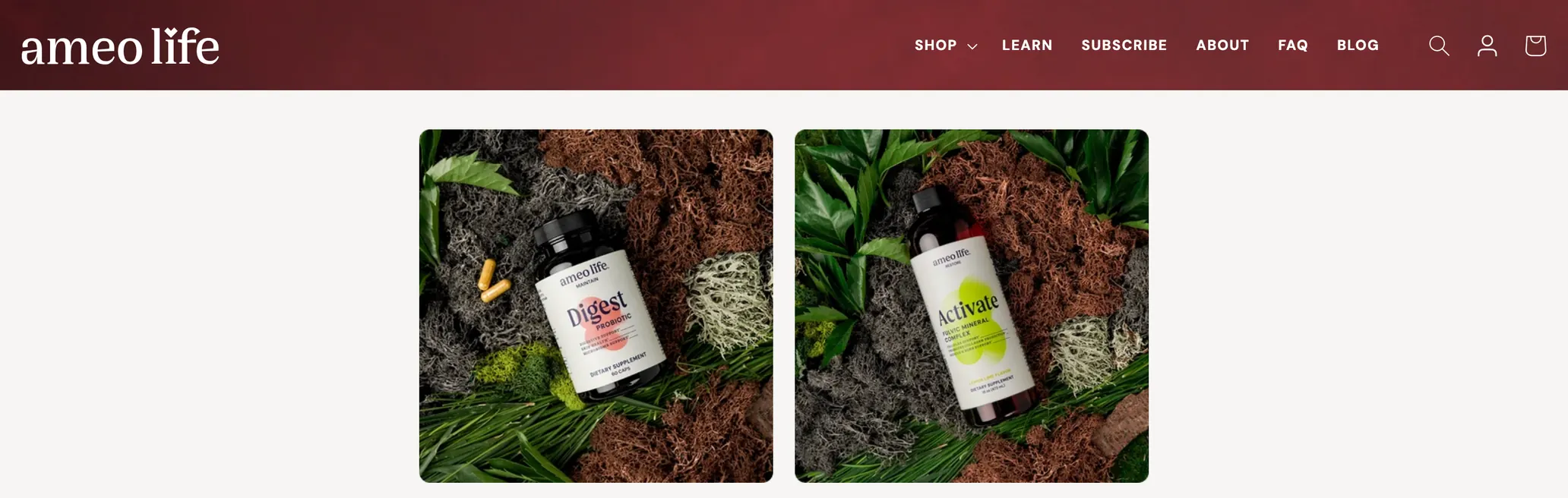 Ameo Life homepage: the Ameo Life header over two bottles on moss and leaves, Digest probiotic and Activate fulvic mineral complex