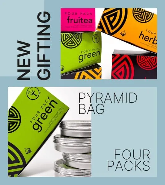 t leaf T gifting banner: four-pack pyramid bag boxes in green, herbal and fruit teas