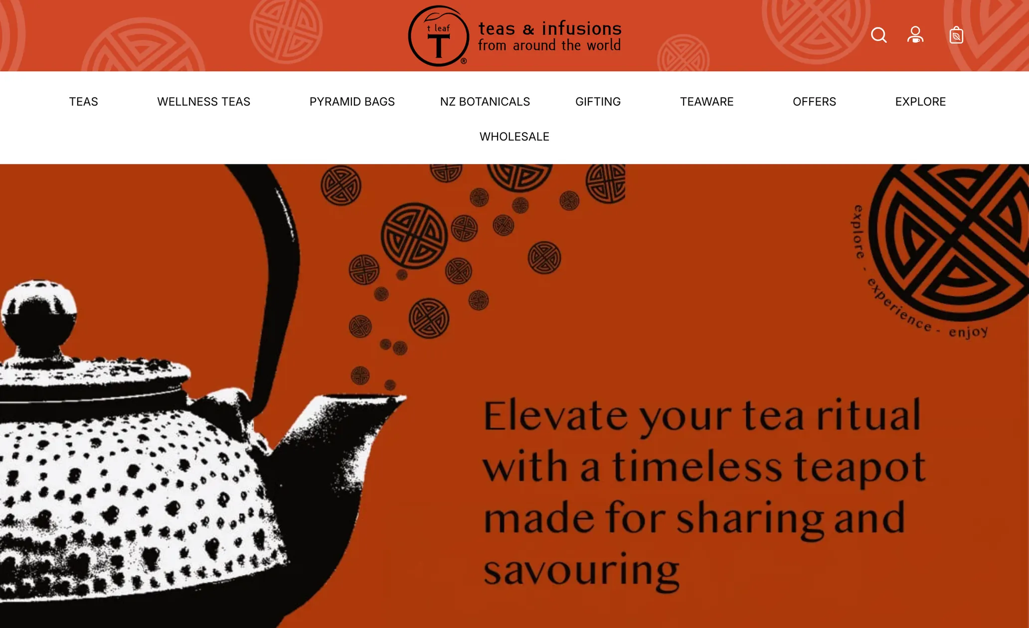 t leaf T homepage: an orange banner with a cast-iron teapot and the line 'Elevate your tea ritual with a timeless teapot'