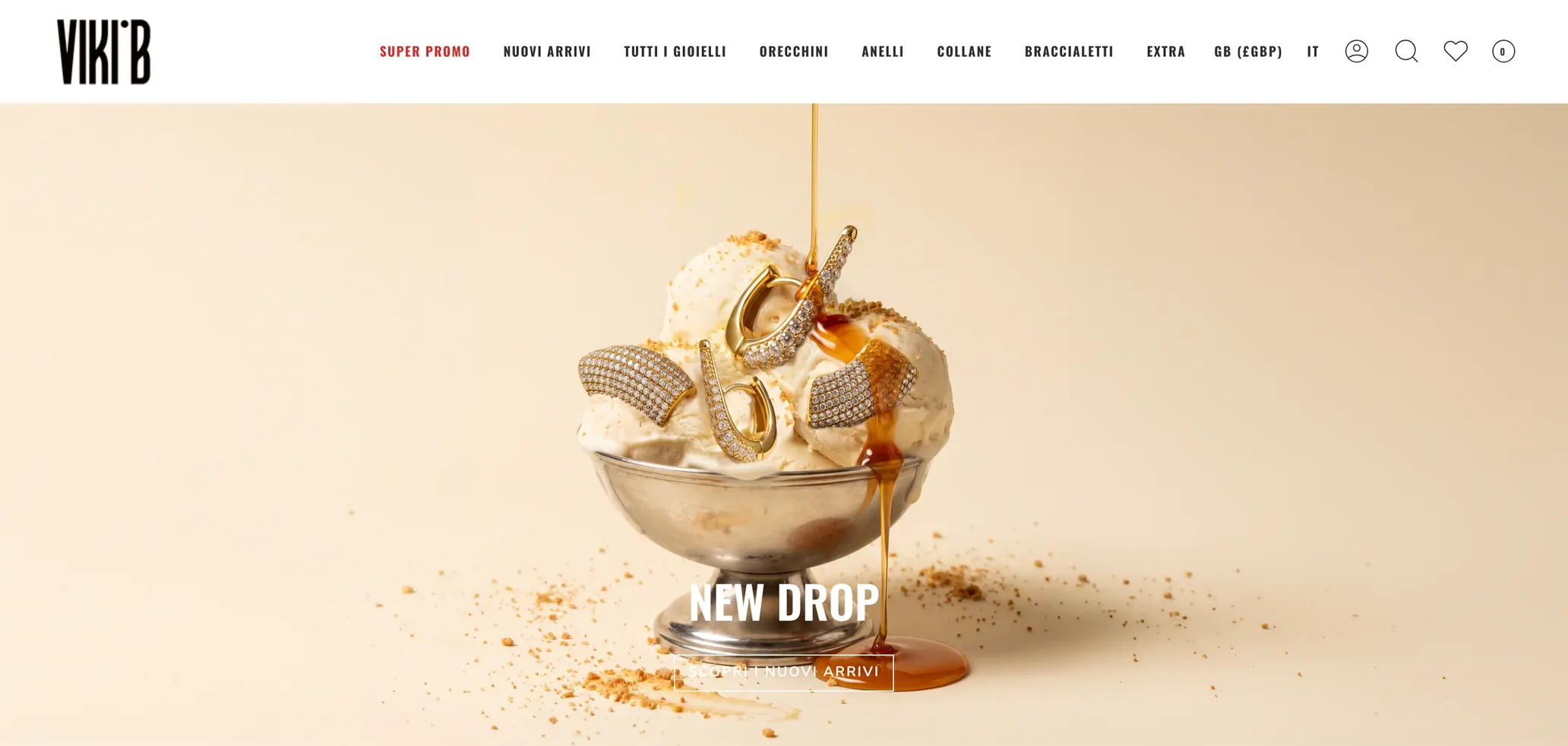 Viki B homepage: gold rings in a bowl of ice cream under a drizzle of caramel, titled “New Drop”