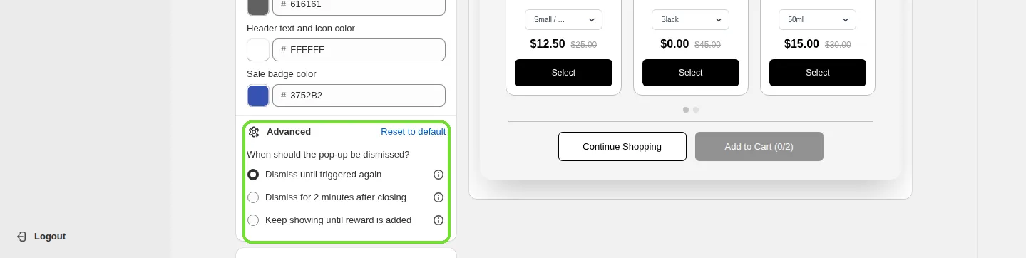 Screenshot: Advanced: when the pop-up is dismissed