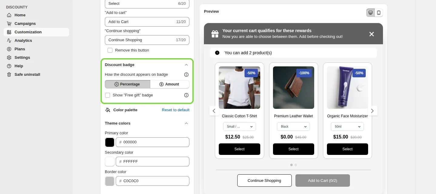 Screenshot: Text customization