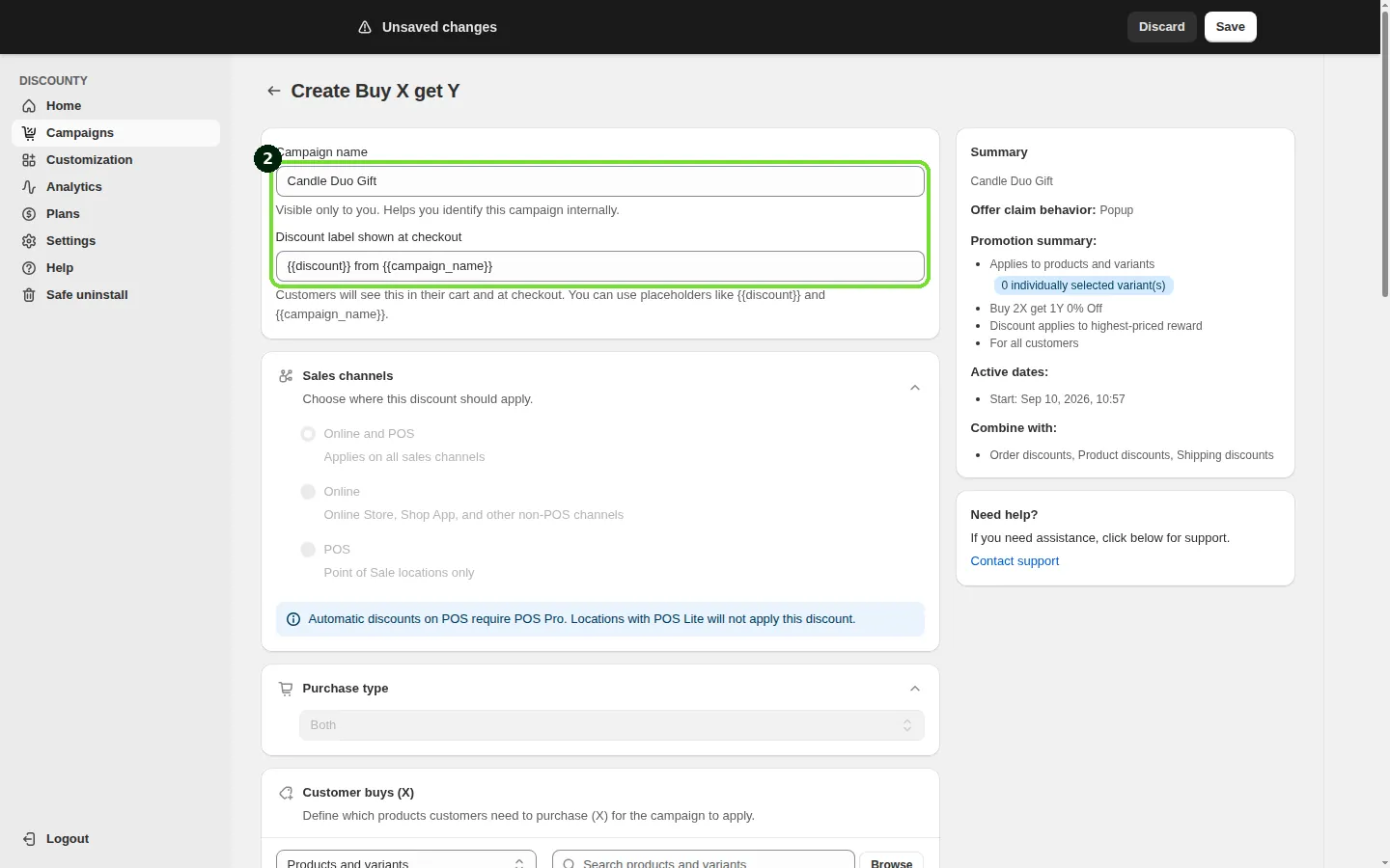 Screenshot: Step 2: Choose the discount method and name the campaign