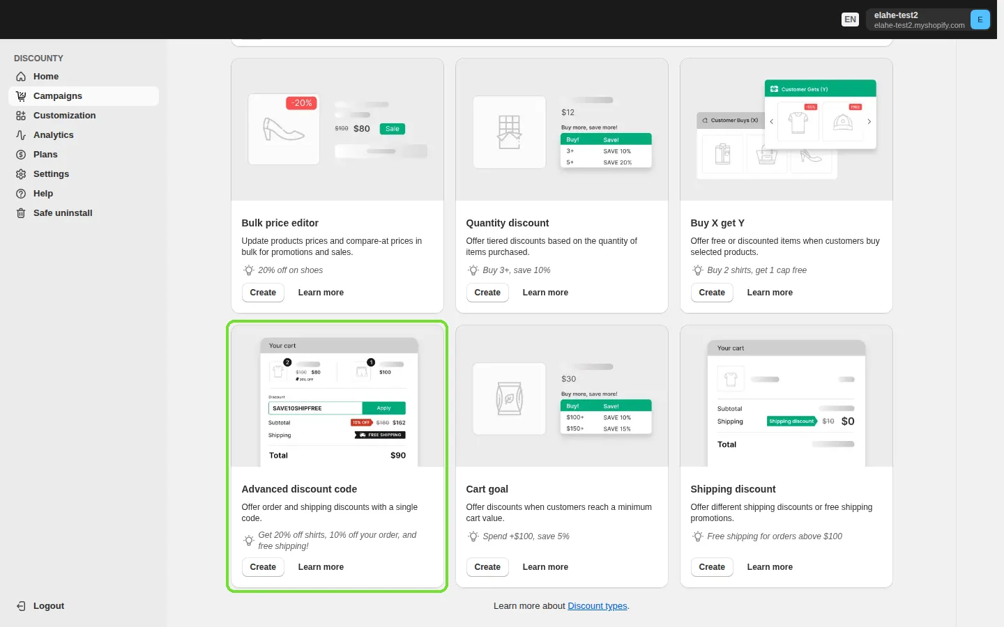 Screenshot: What an Advanced discount code campaign does