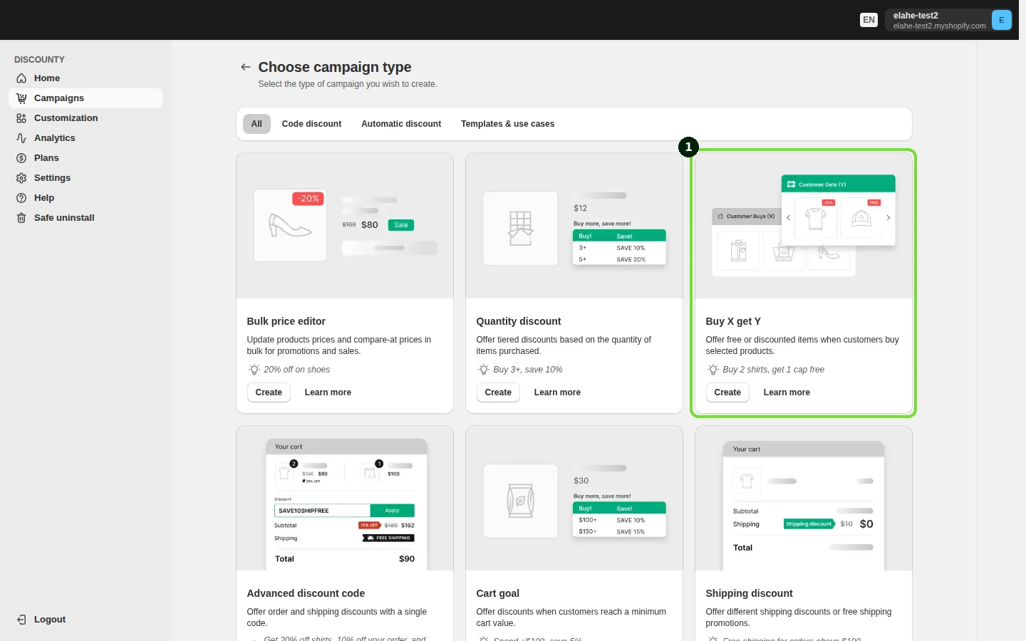 Screenshot: Step 1: Choose "Buy X get Y" as your campaign type
