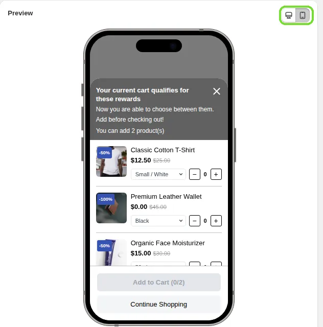 Screenshot: Preview, save and reset