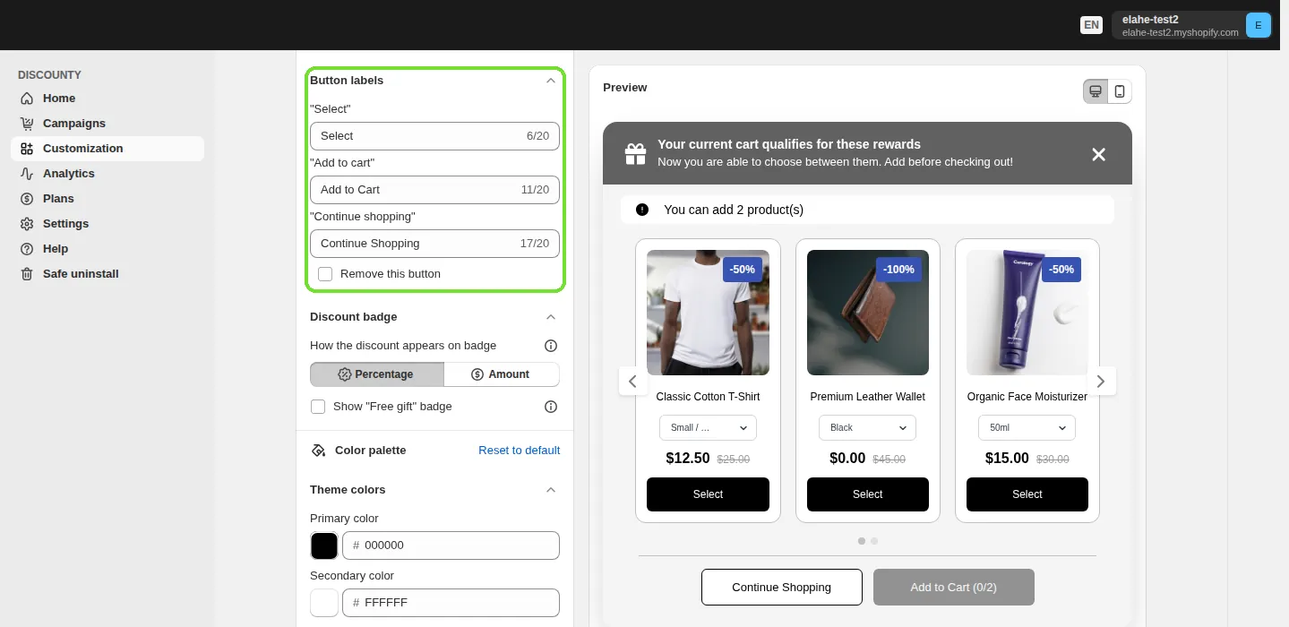 Screenshot: Text customization