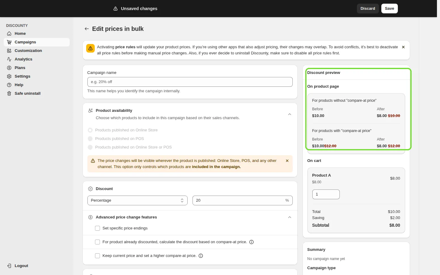 Screenshot: What a Bulk price editor campaign changes on your products