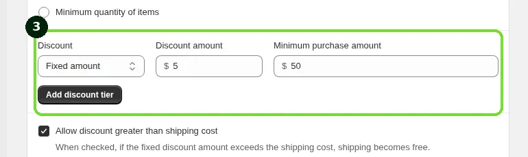Screenshot: Step 4: Set the minimum purchase requirements and discount