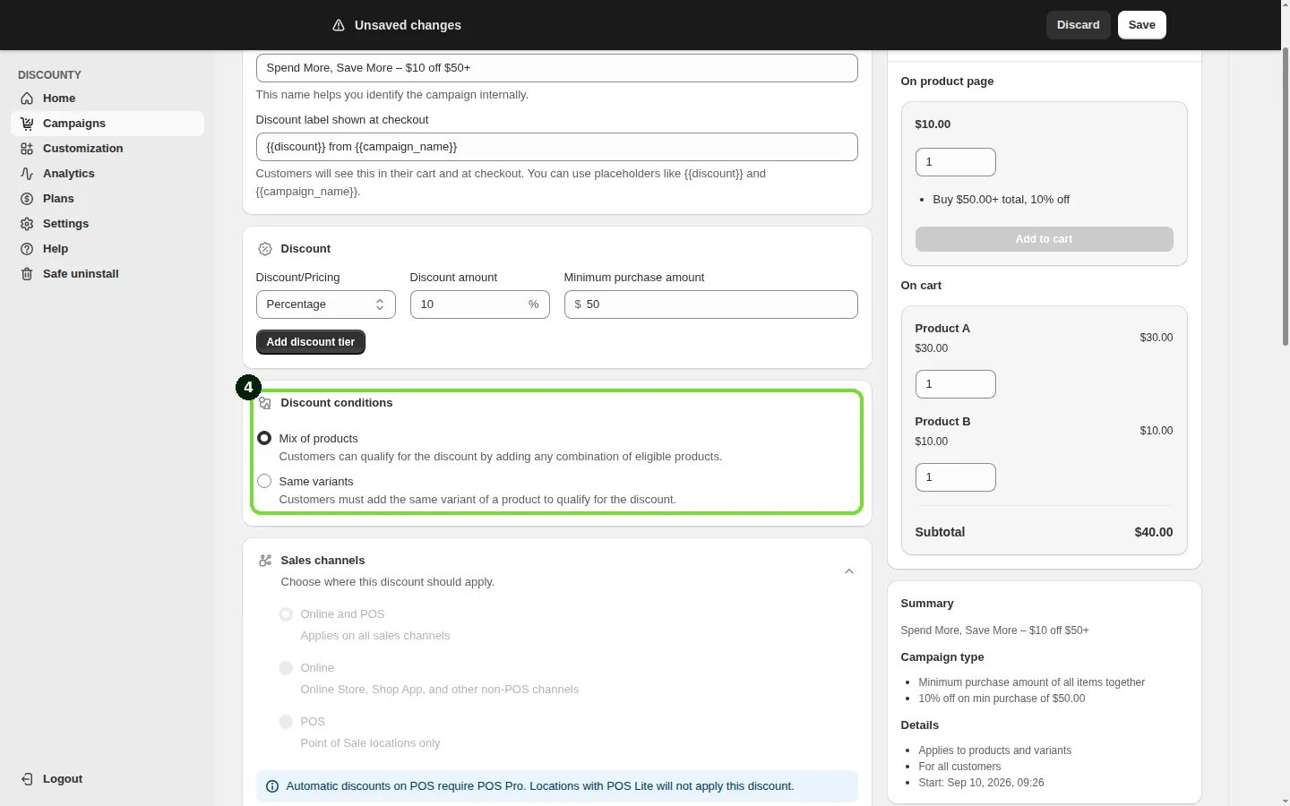 Screenshot: Step 4: Set the Discount conditions