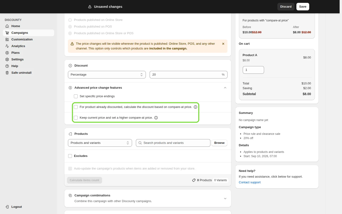 Screenshot: Discounty options that change what customers see
