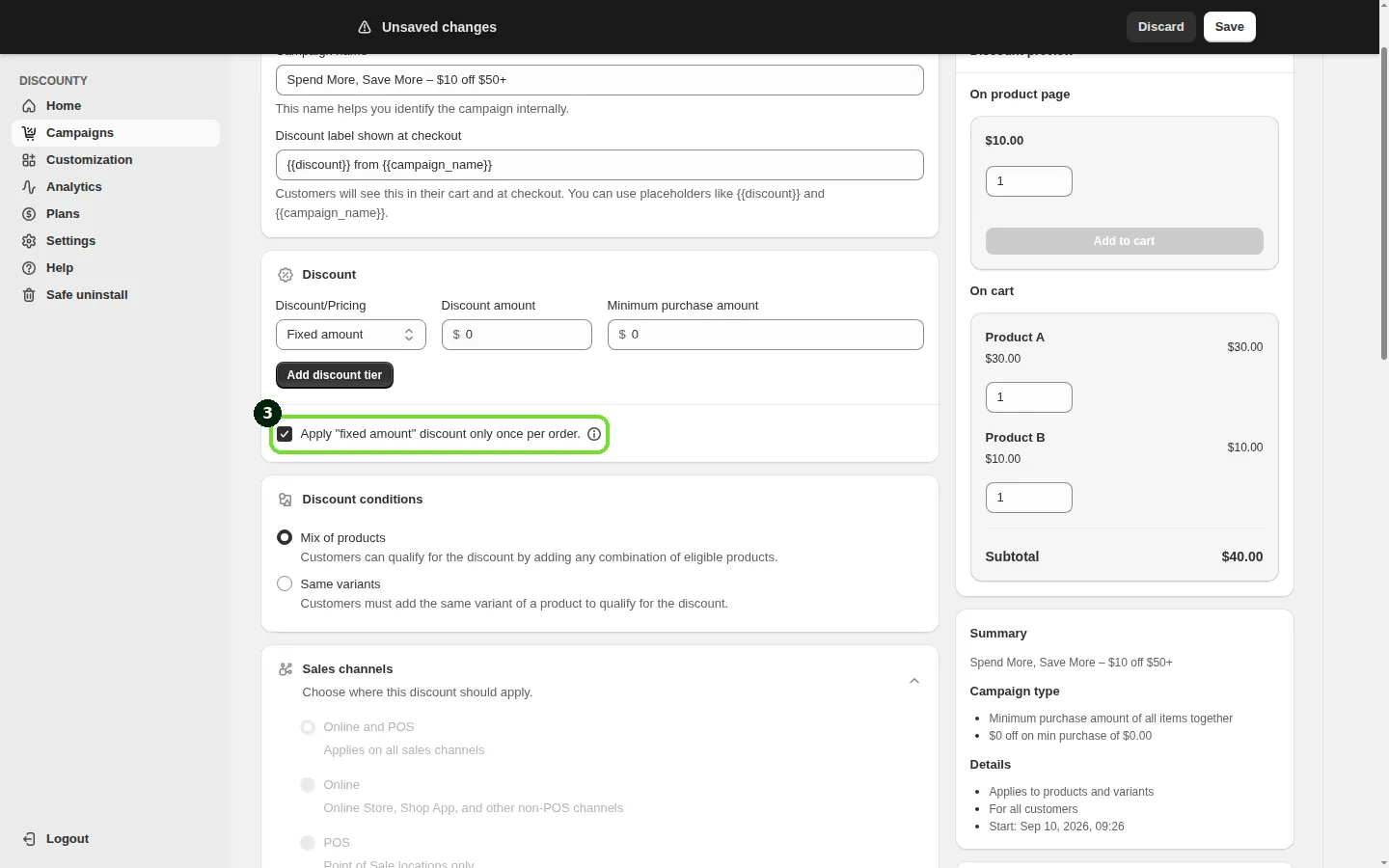 Screenshot: Step 3: Choose how a Fixed amount discount applies
