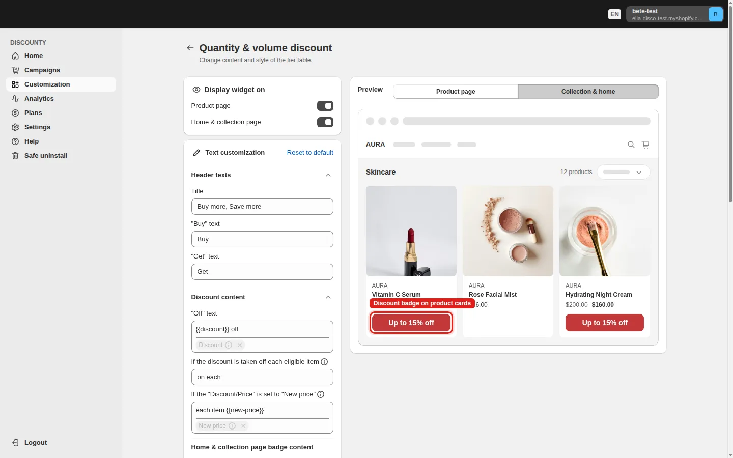 Collection and home preview showing the discount badge on product cards