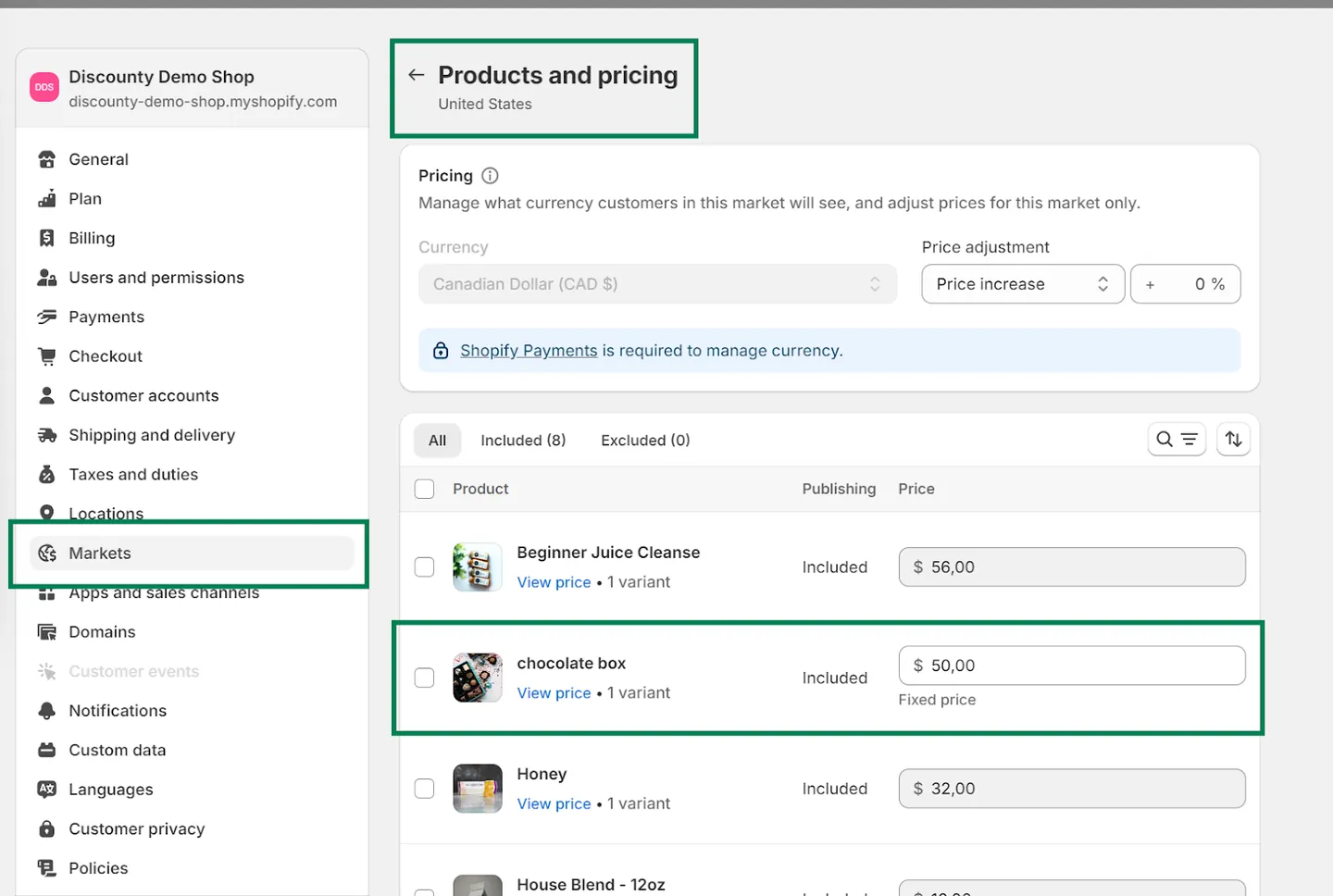 Screenshot: Older Markets settings