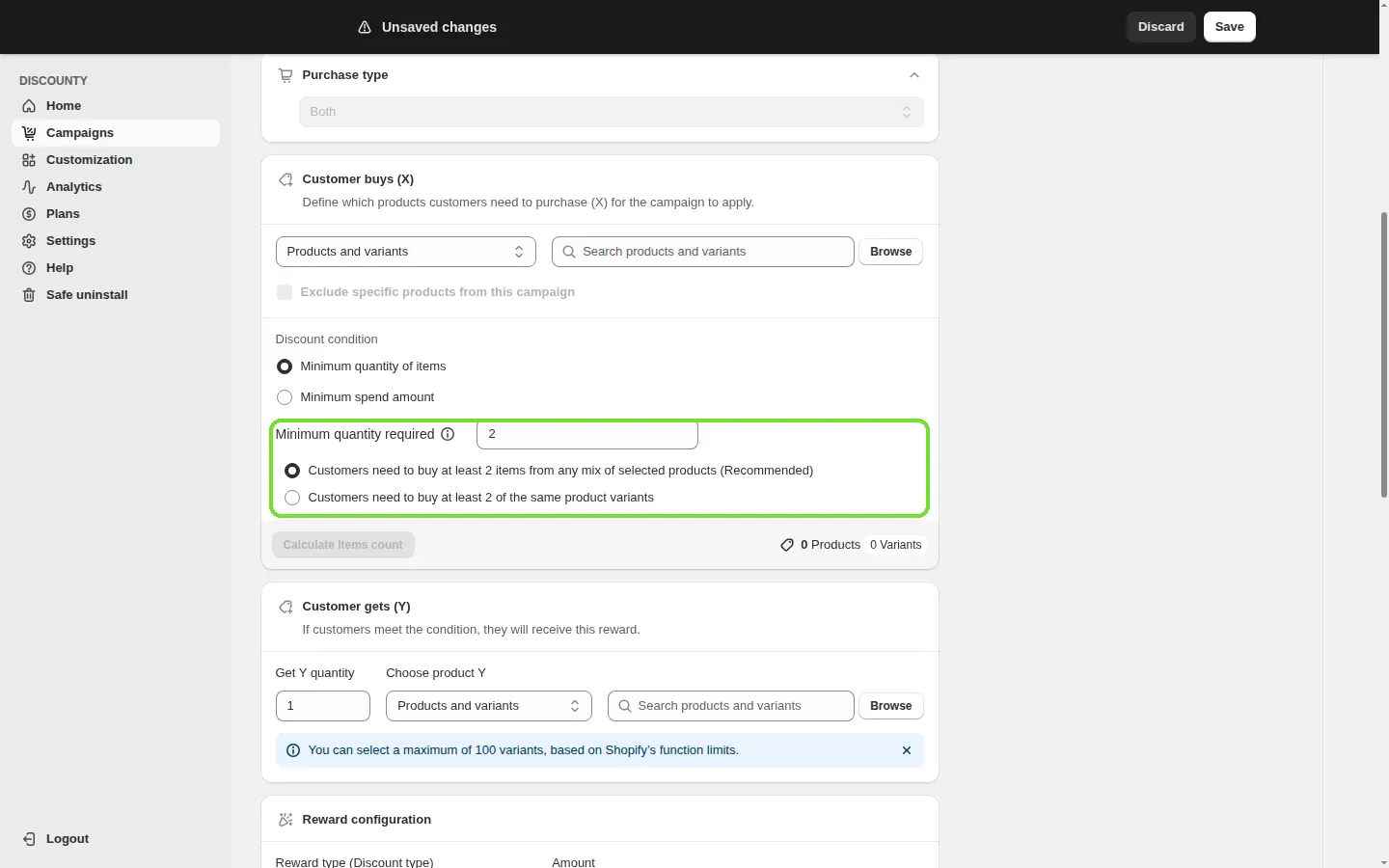 Screenshot: Step 4: Set up "Customer buys (X)"