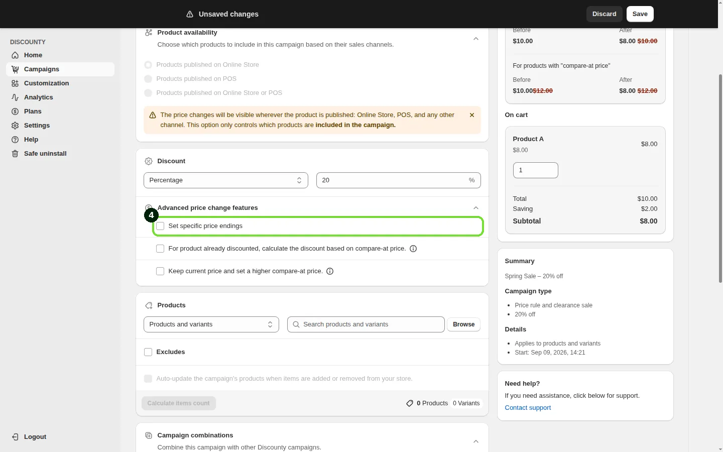 Screenshot: Step 4: Set up advanced price change features (optional)