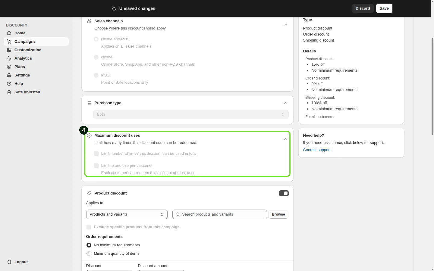 Screenshot: Step 4: Set the Maximum discount uses