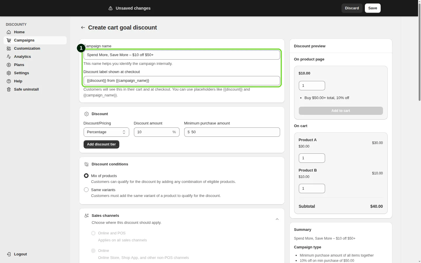 Screenshot: Step 1: Name the campaign and set the checkout label