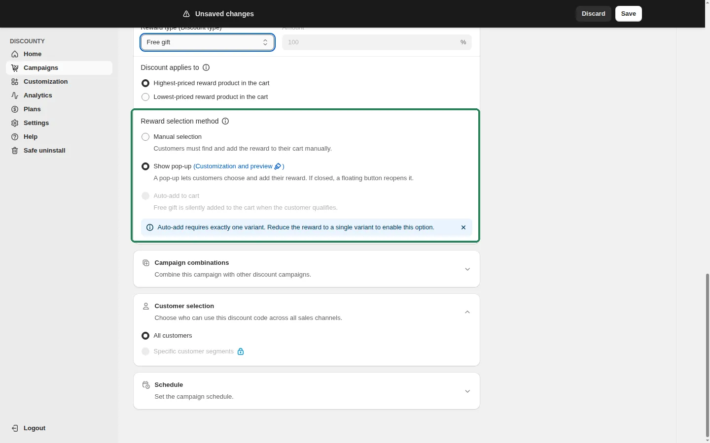 Screenshot: How does the customer receive the reward?