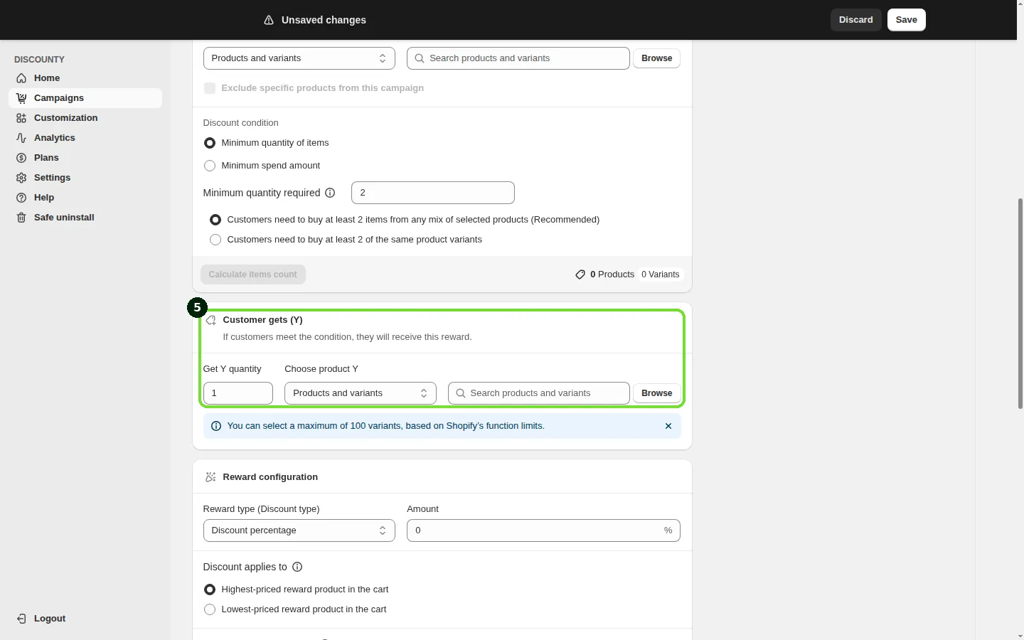 Screenshot: Step 5: Set up "Customer gets (Y)"