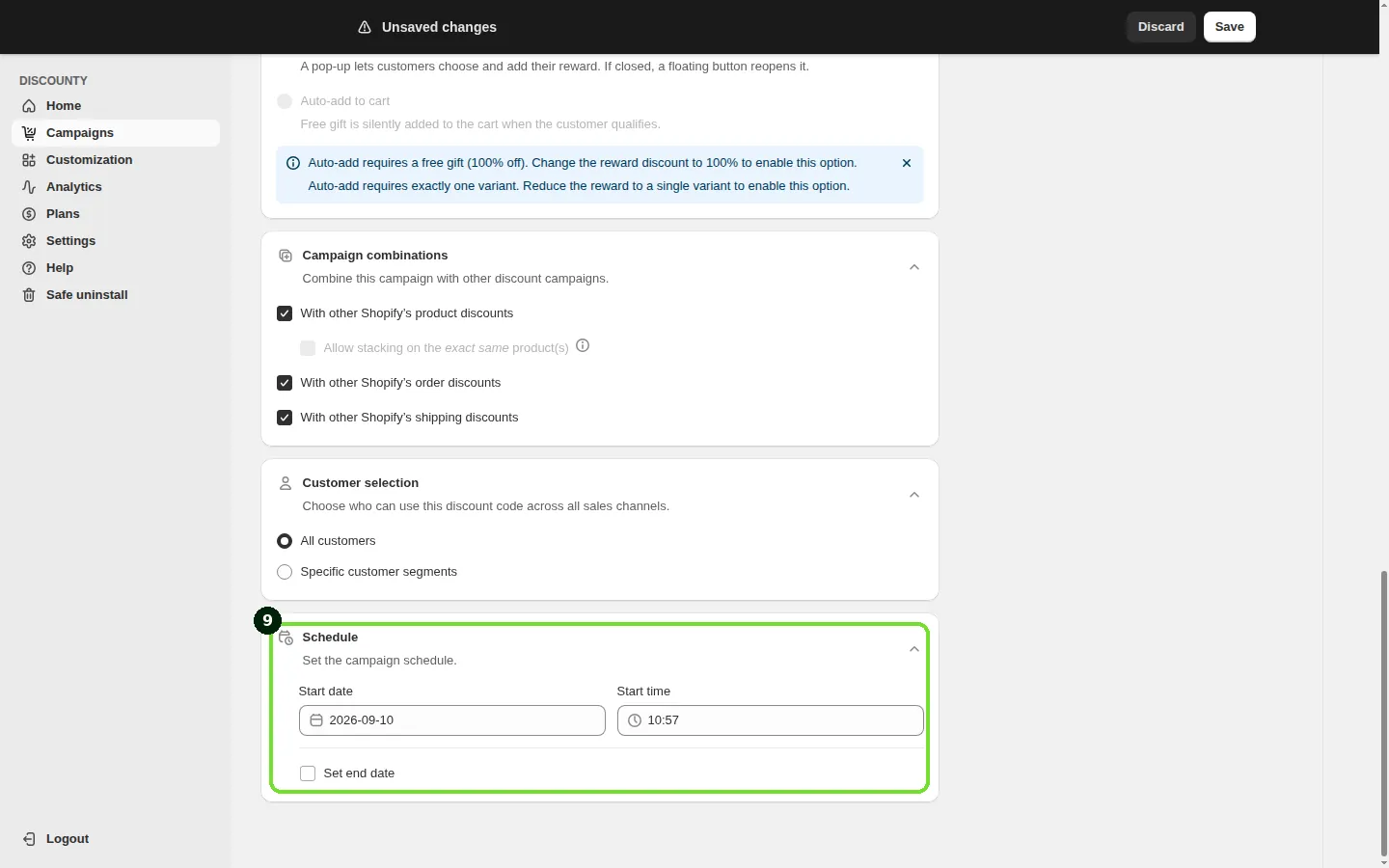 Screenshot: Step 9: Set the campaign schedule
