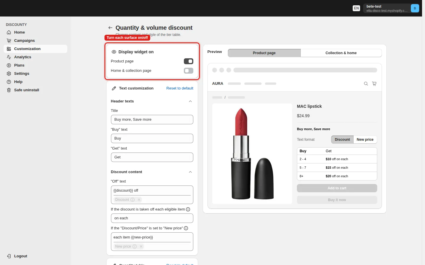 Quantity discount widget customization — Display widget on and Text customization