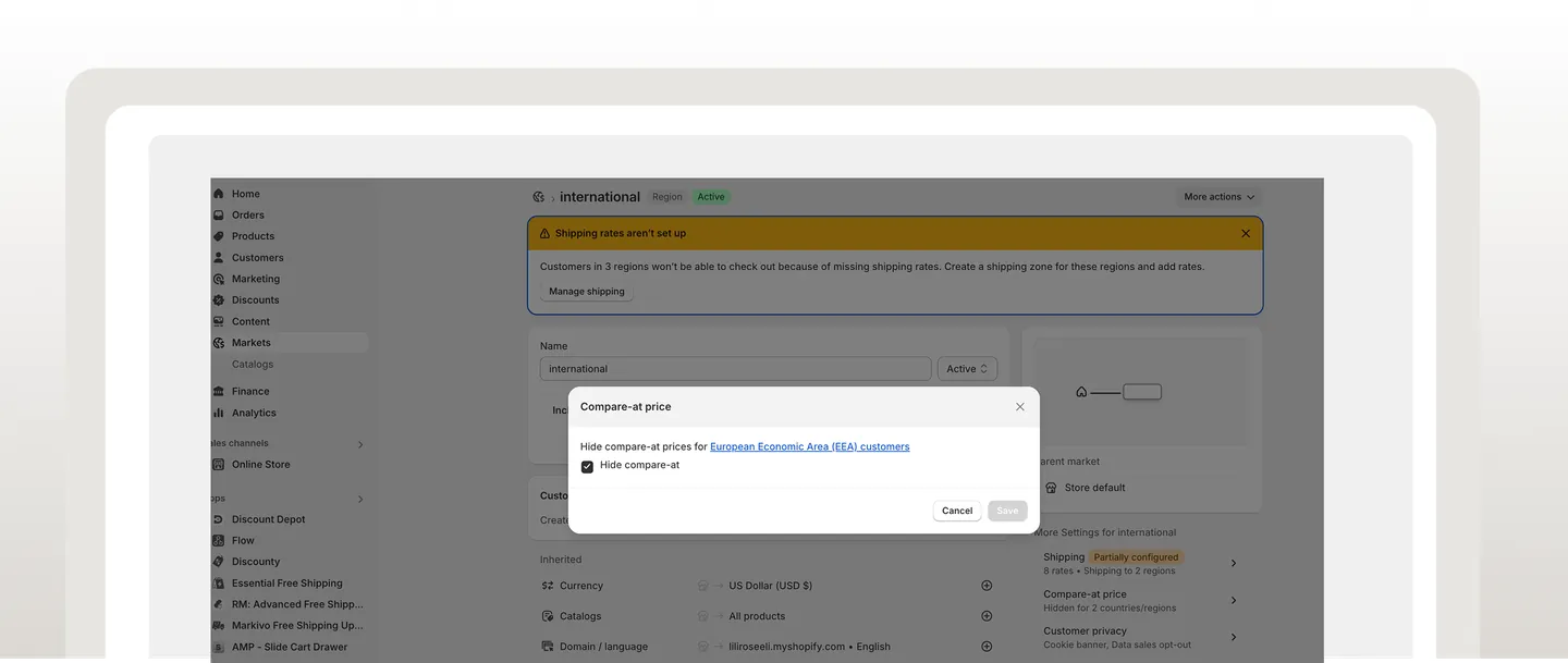 Screenshot: 2. Turn off "Hide compare-at" for EEA customers