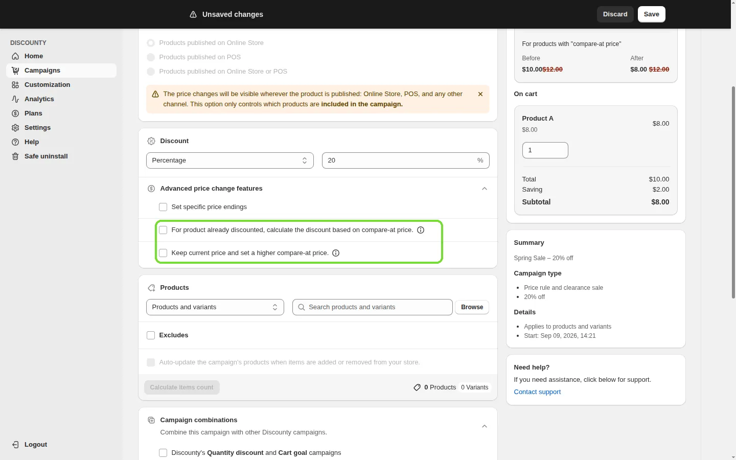 Screenshot: Step 4: Set up advanced price change features (optional)