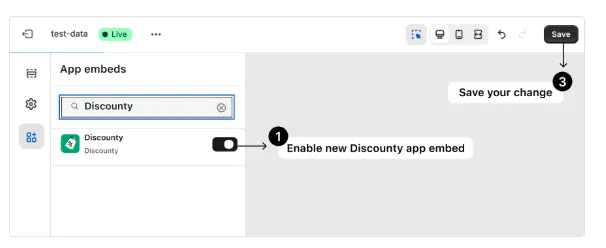 Screenshot: 1. Activate the Discounty app embed