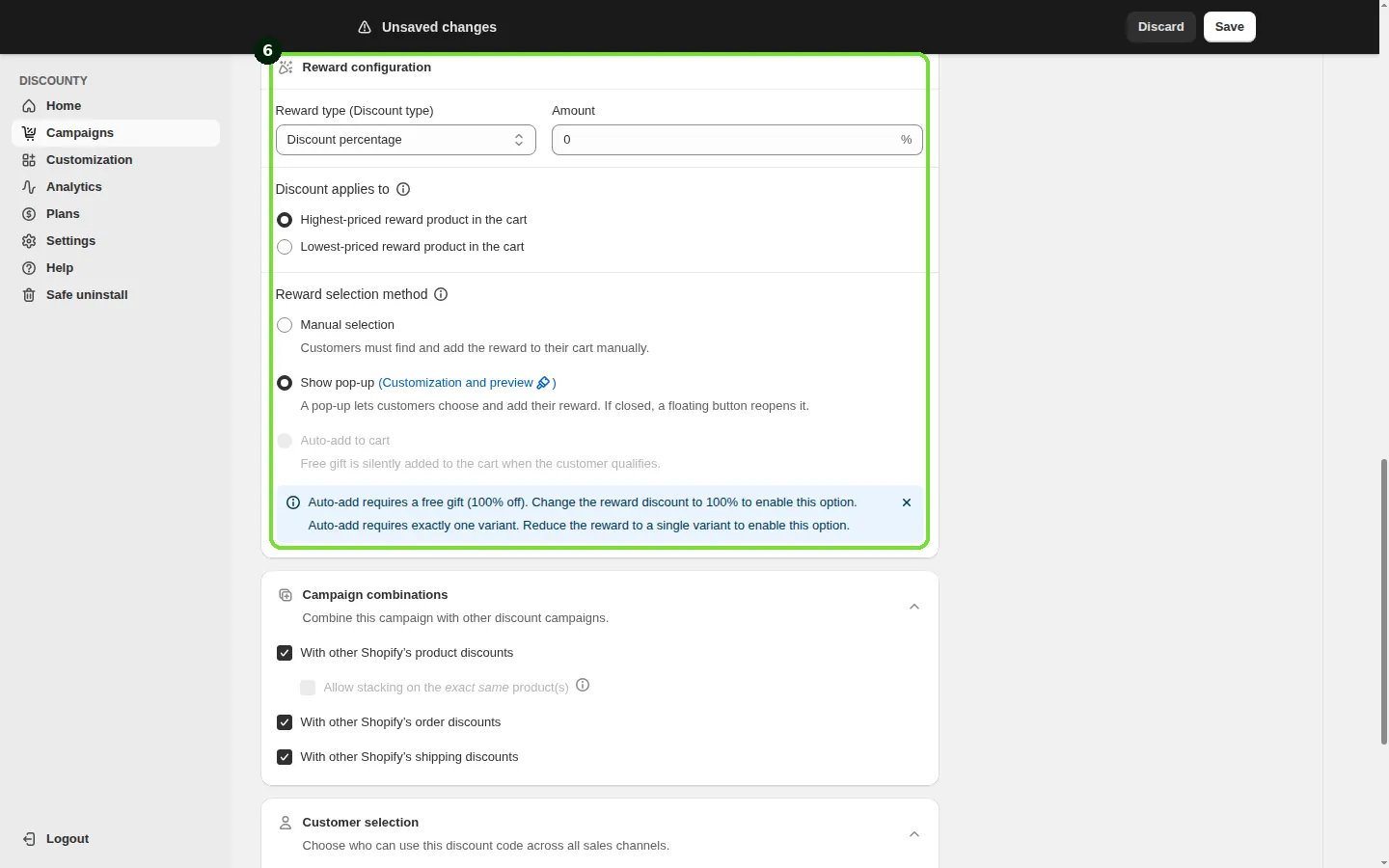 Screenshot: Step 6: Reward configuration