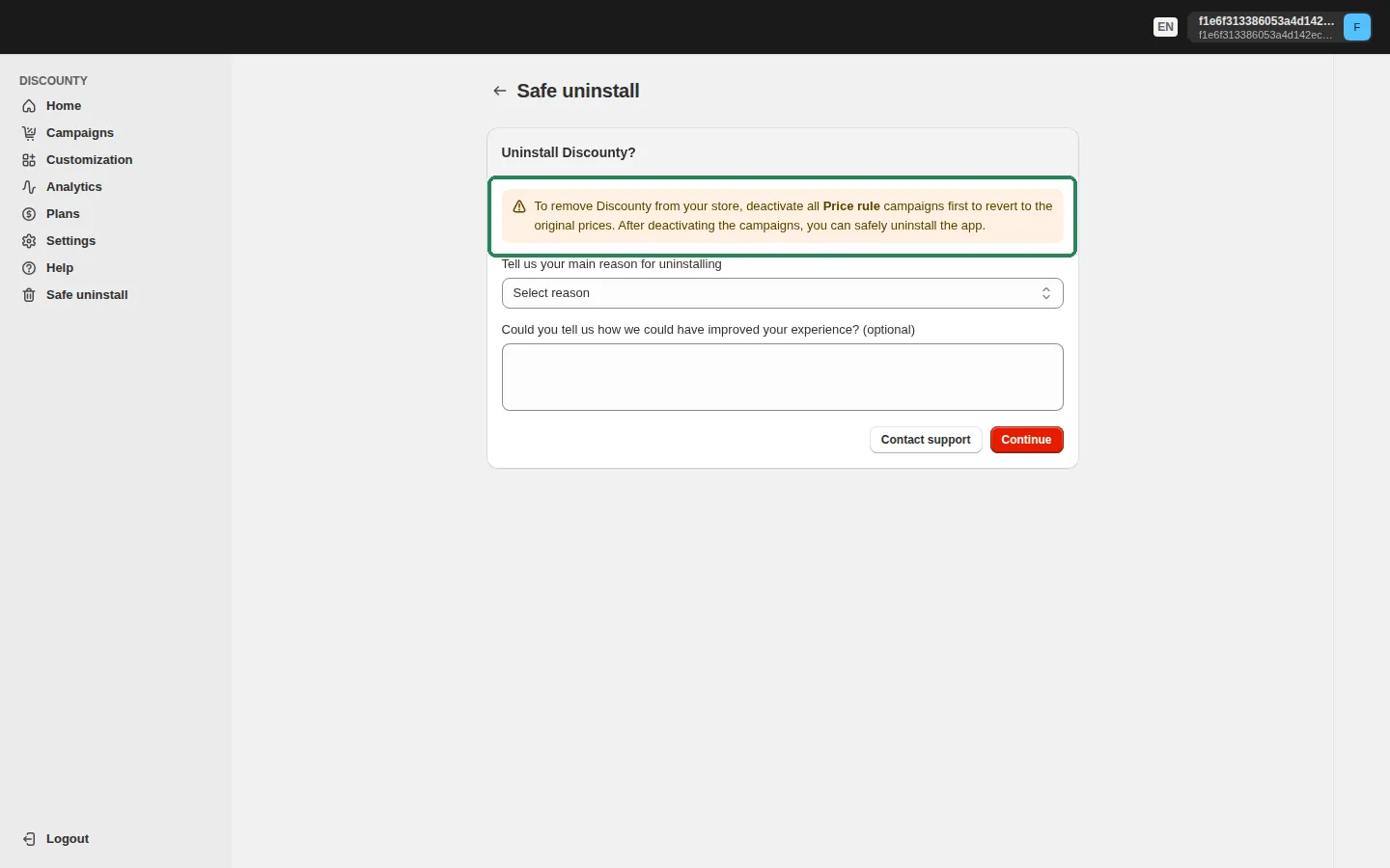Screenshot: Recommended: use Safe uninstall