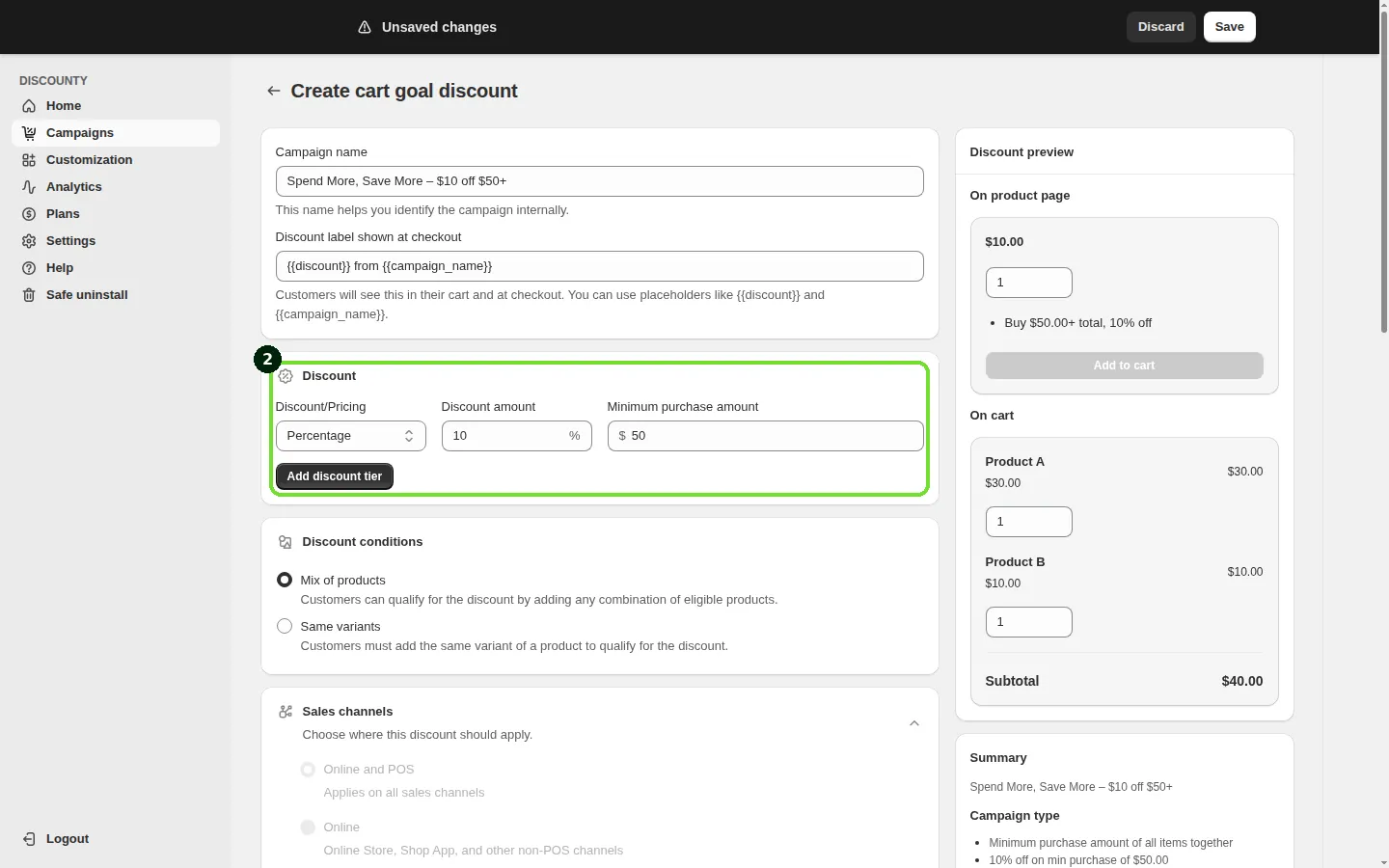 Screenshot: Step 2: Define the discount tiers