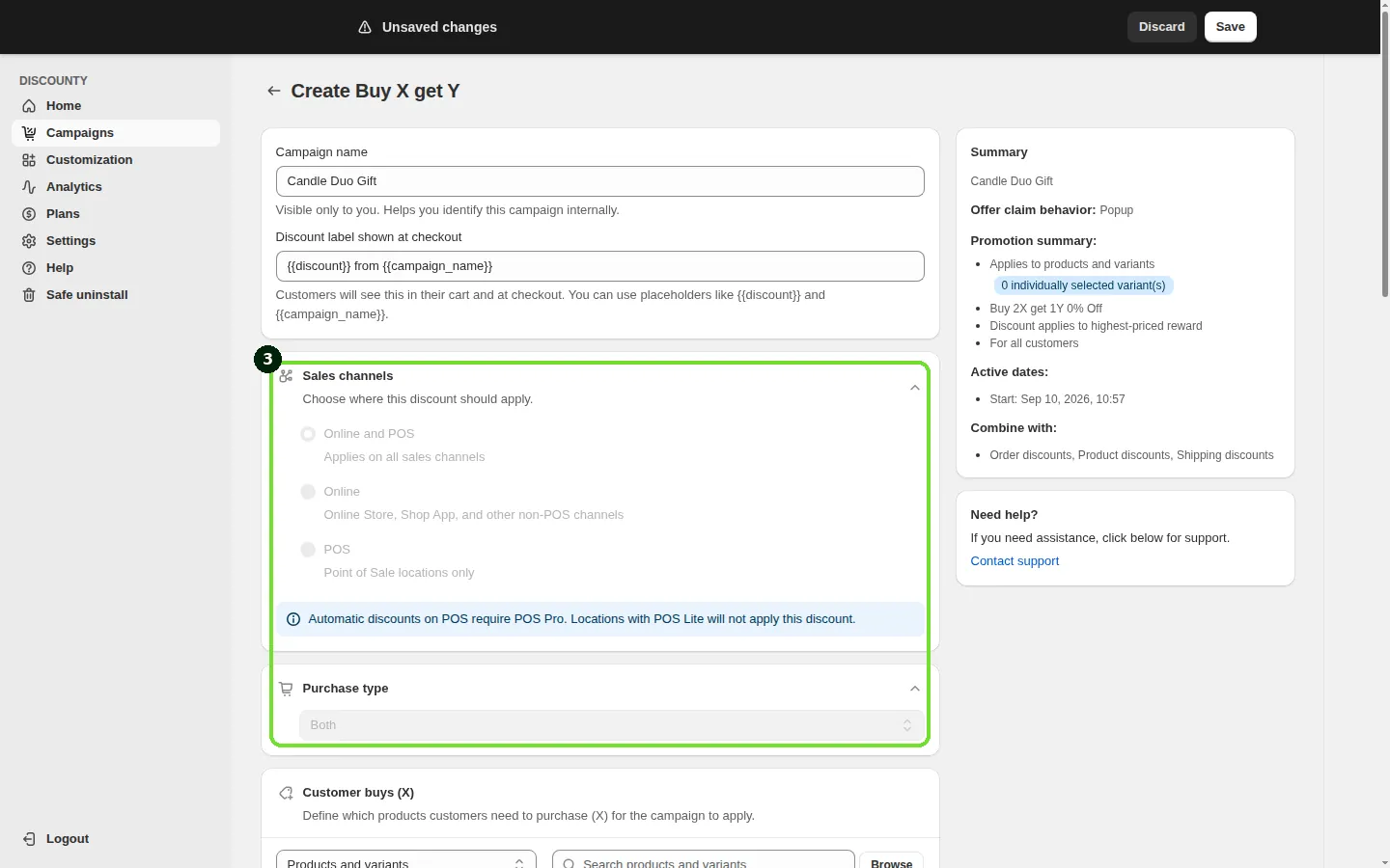 Screenshot: Step 3: Choose sales channels and purchase type