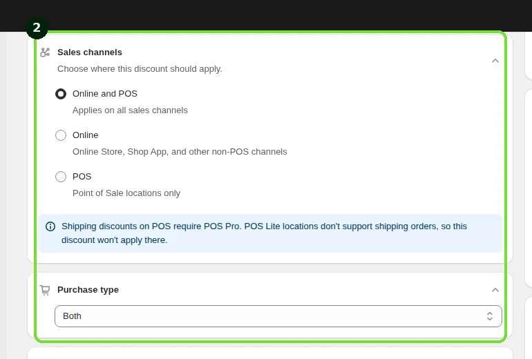 Screenshot: Step 2: Choose the Sales channels and Purchase type