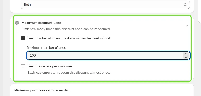 Screenshot: Step 3: Set the Maximum discount uses (discount codes only)