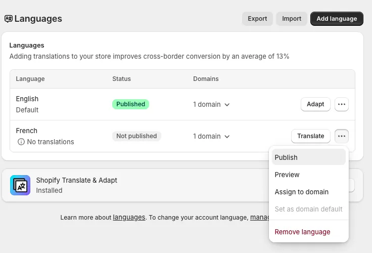 Screenshot: Publish a language in Shopify