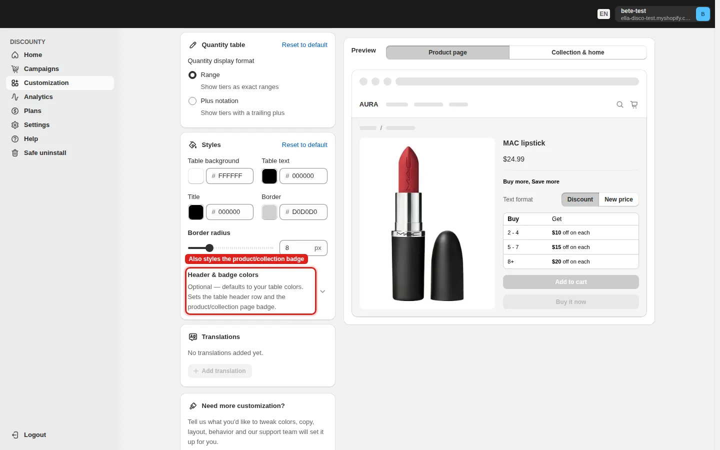 Styles and Header and badge colors settings