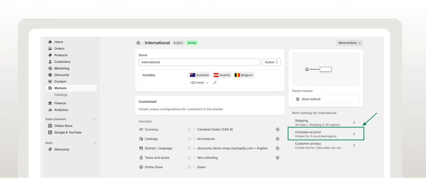 Screenshot: 2. Turn off "Hide compare-at" for EEA customers