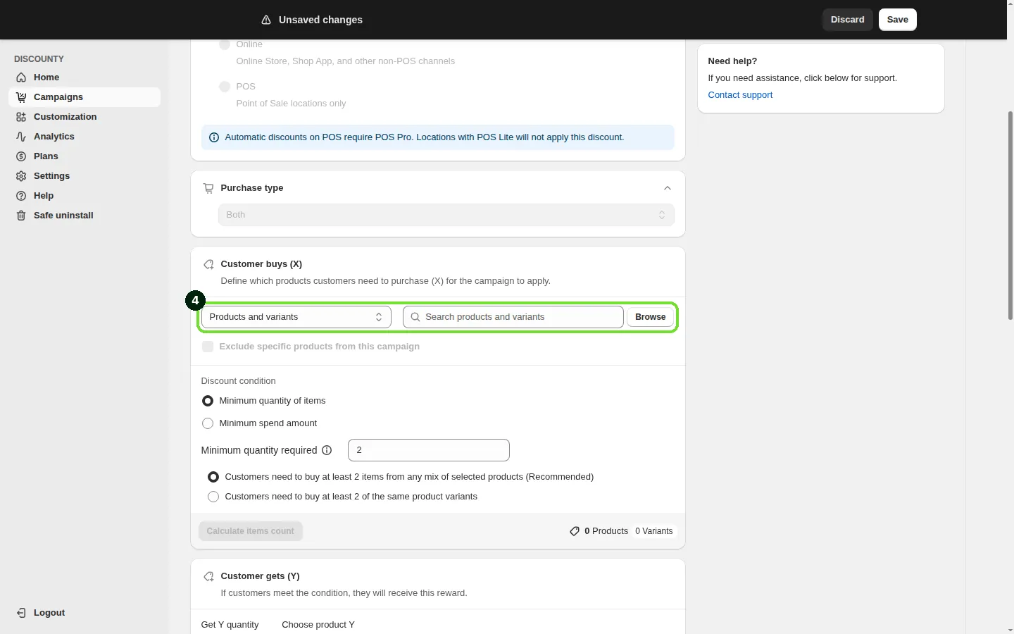 Screenshot: Step 4: Set up "Customer buys (X)"