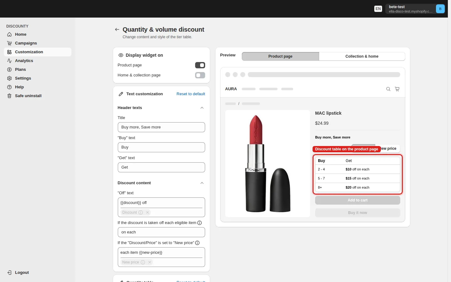 Product-page preview of the tiered discount table