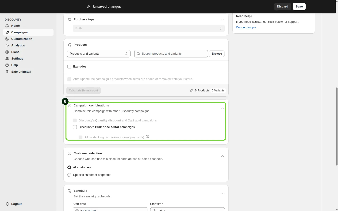 Screenshot: Step 8: Campaign combinations (optional)