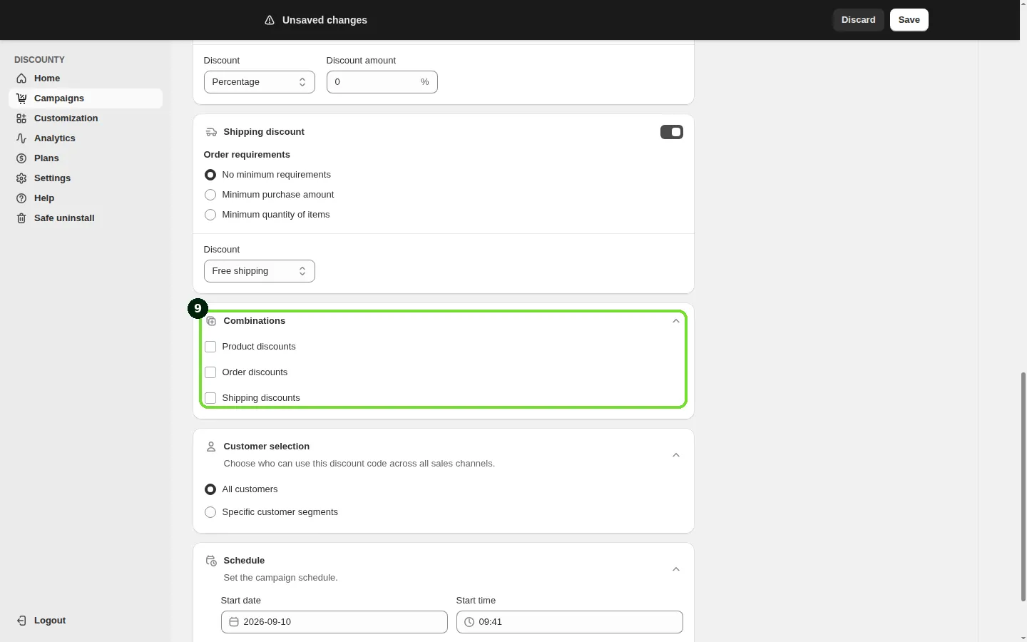 Screenshot: Step 9: Combinations (optional)